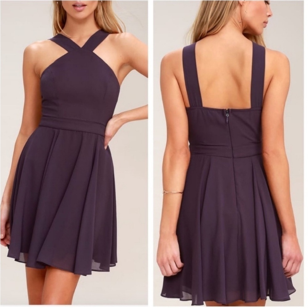 Lulu's Chic Purple Cross-Strap Mini Dress Halter Medium
